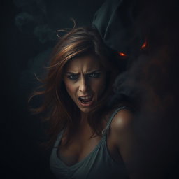An auburn haired woman in a smoky, dimly lit dark room, appearing distressed as she struggles against a mysterious shrouded figure with fiery eyes