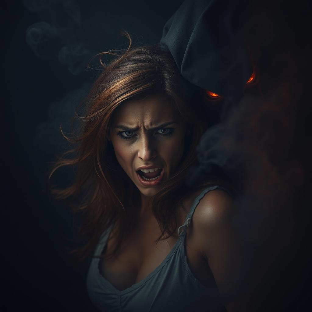 An auburn haired woman in a smoky, dimly lit dark room, appearing distressed as she struggles against a mysterious shrouded figure with fiery eyes
