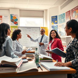 A vibrant and engaging scene depicting a pharmacy classroom setting