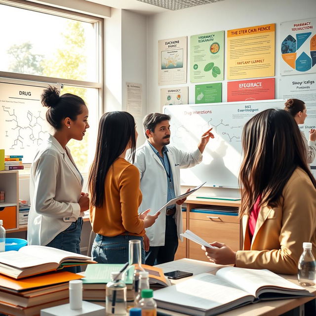A vibrant and engaging scene depicting a pharmacy classroom setting