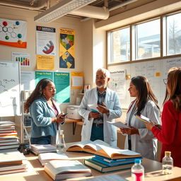 A vibrant and engaging scene depicting a pharmacy classroom setting