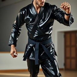 A full-body black latex karate gi, featuring sleek and glossy textures that reflect light, accentuating the curves and details of the outfit
