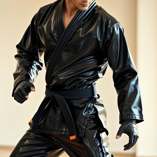 A full-body black latex karate gi, featuring sleek and glossy textures that reflect light, accentuating the curves and details of the outfit