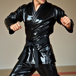 A full-body black latex karate gi, featuring sleek and glossy textures that reflect light, accentuating the curves and details of the outfit
