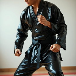 A full-body black latex karate gi, featuring sleek and glossy textures that reflect light, accentuating the curves and details of the outfit