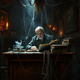 A chilling scene featuring Ed Warren, portrayed in a spooky, haunted room filled with cobwebs