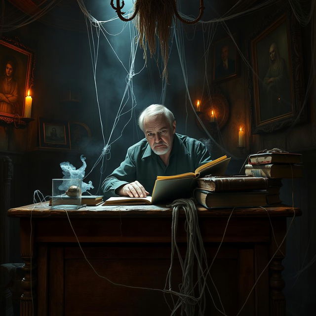 A chilling scene featuring Ed Warren, portrayed in a spooky, haunted room filled with cobwebs