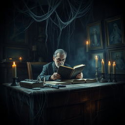 A chilling scene featuring Ed Warren, portrayed in a spooky, haunted room filled with cobwebs
