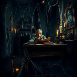 A chilling scene featuring Ed Warren, portrayed in a spooky, haunted room filled with cobwebs
