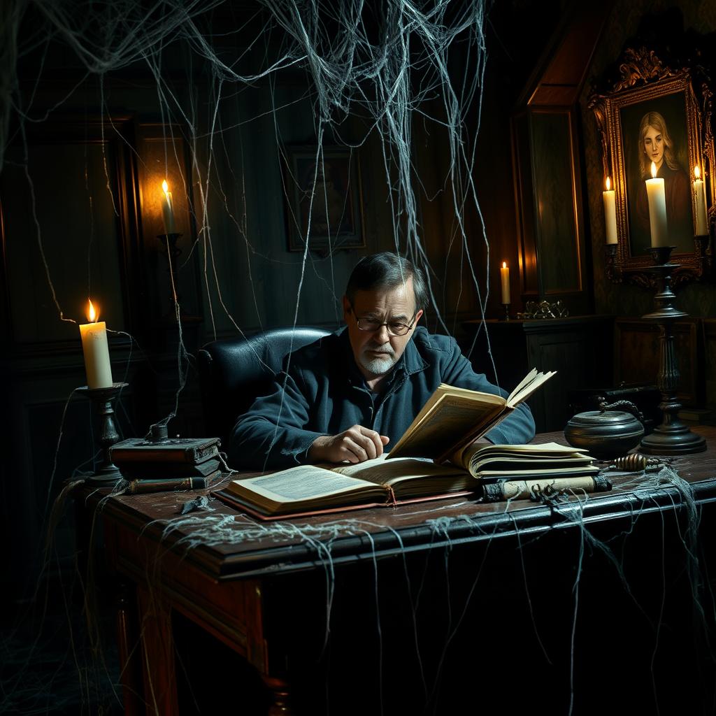 A chilling scene featuring Ed Warren, portrayed in a spooky, haunted room filled with cobwebs