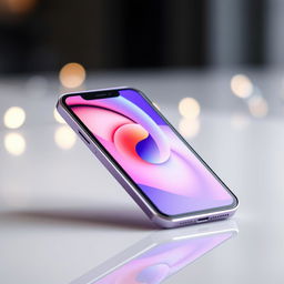 A sleek modern iPhone in a gradient purple to lavender color, elegantly displayed on a glossy surface