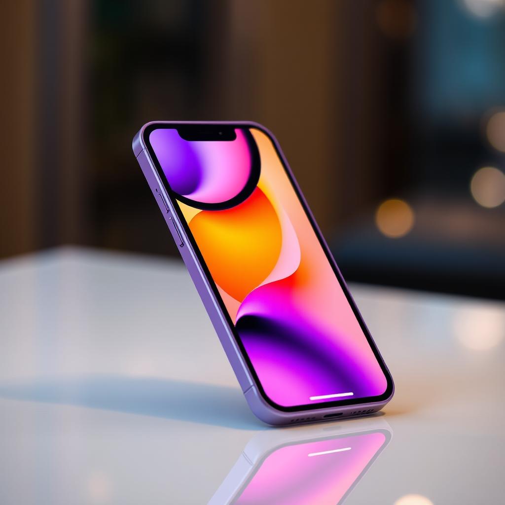 A sleek modern iPhone in a gradient purple to lavender color, elegantly displayed on a glossy surface