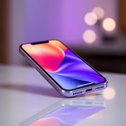 A sleek modern iPhone in a gradient purple to lavender color, elegantly displayed on a glossy surface