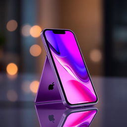 A sleek modern iPhone in a gradient purple to lavender color, elegantly displayed on a glossy surface