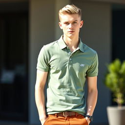 A 21-year-old slim male with striking green eyes and short blond hair, dressed in a stylish sage green polo shirt and trendy copper chinos
