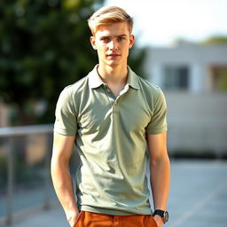 A 21-year-old slim male with striking green eyes and short blond hair, dressed in a stylish sage green polo shirt and trendy copper chinos