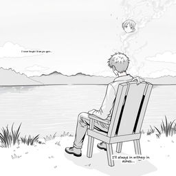 A black and white manga-style illustration featuring a man sitting on a chair, gazing out at a serene lake in front of him