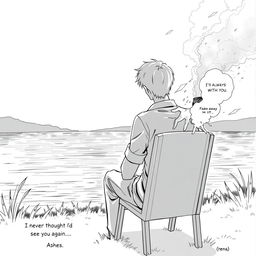 A black and white manga-style illustration featuring a man sitting on a chair, gazing out at a serene lake in front of him