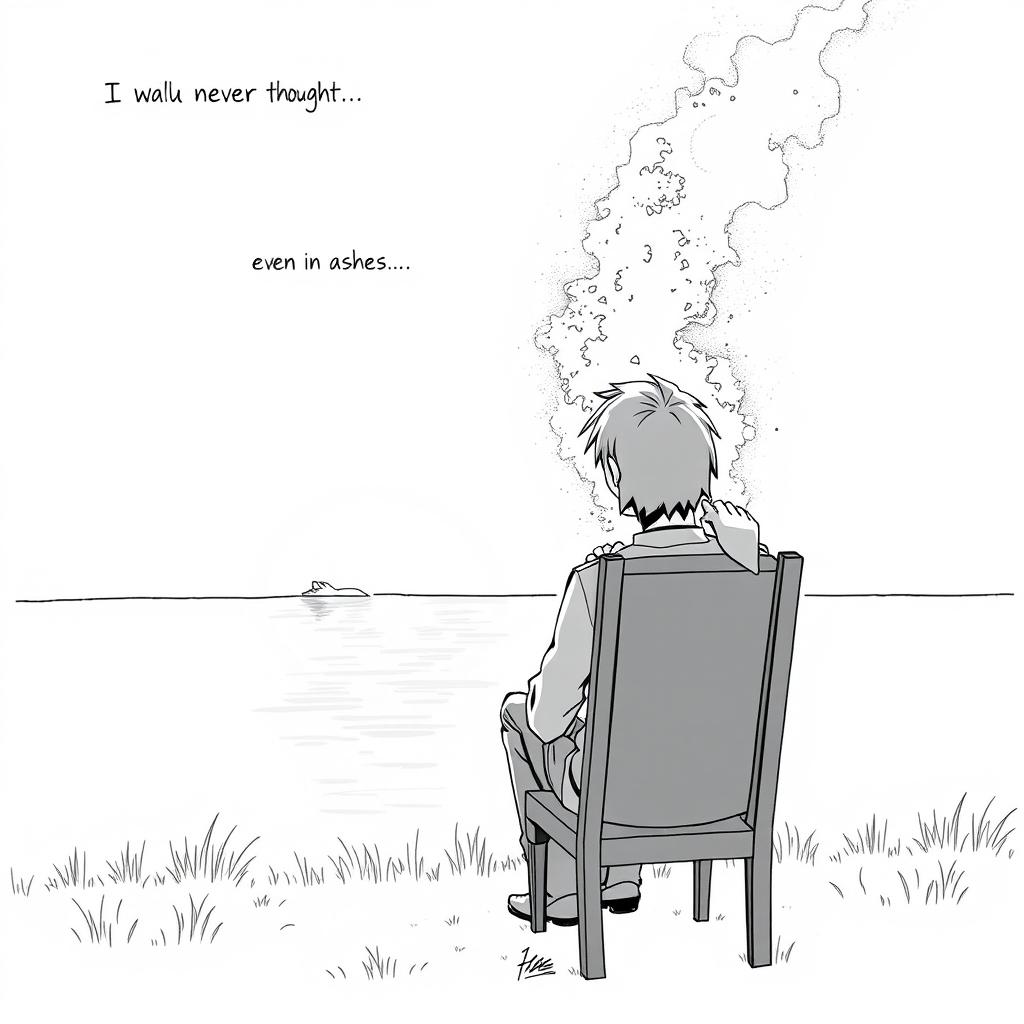 A black and white manga-style illustration featuring a man sitting on a chair, gazing out at a serene lake in front of him