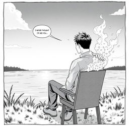 A black and white manga-style illustration featuring a man sitting on a chair, gazing out at a serene lake in front of him