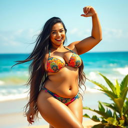 A thick Latina woman confidently posing in a stylish bikini on a sunlit beach