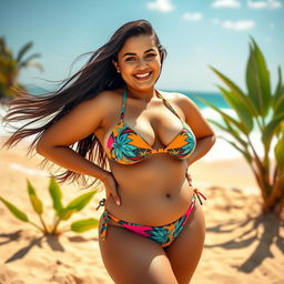 A thick Latina woman confidently posing in a stylish bikini on a sunlit beach