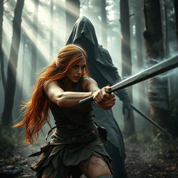 Auburn-haired woman wearing dirty and tattered clothes, fiercely battling a large shrouded figure in a mystical wooded area enveloped in fog
