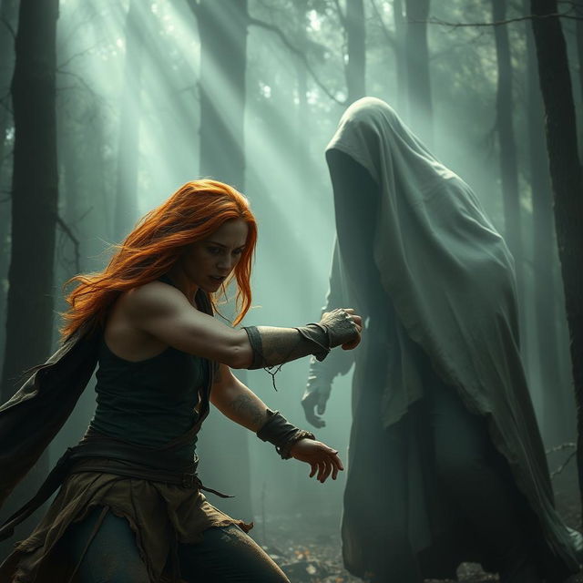 Auburn-haired woman wearing dirty and tattered clothes, fiercely battling a large shrouded figure in a mystical wooded area enveloped in fog