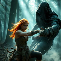Auburn-haired woman wearing dirty and tattered clothes, fiercely battling a large shrouded figure in a mystical wooded area enveloped in fog
