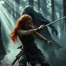 Auburn-haired woman wearing dirty and tattered clothes, fiercely battling a large shrouded figure in a mystical wooded area enveloped in fog