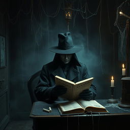 A mysterious figure wearing a black coat and a black hat, with their face obscured