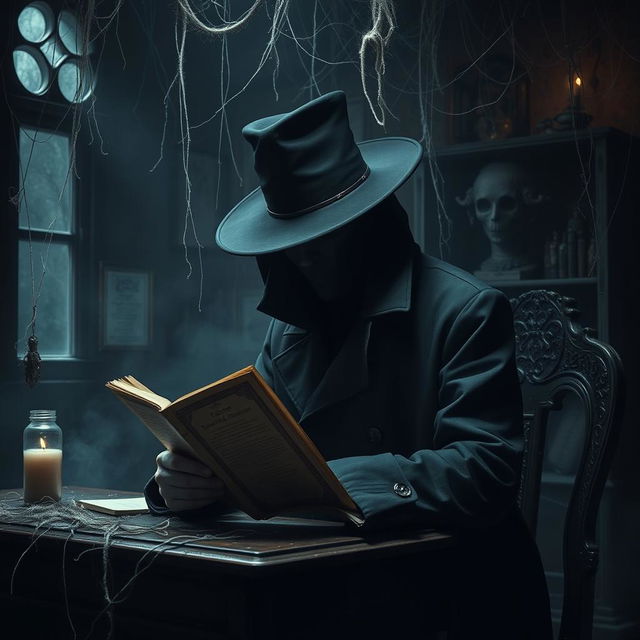 A mysterious figure wearing a black coat and a black hat, with their face obscured