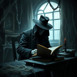A mysterious figure wearing a black coat and a black hat, with their face obscured