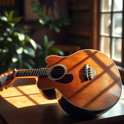 A stunning, detailed image of an acoustic guitar placed elegantly on a wooden table