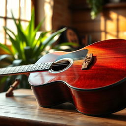 A stunning, detailed image of an acoustic guitar placed elegantly on a wooden table