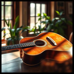 A stunning, detailed image of an acoustic guitar placed elegantly on a wooden table