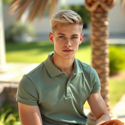 A 21-year-old slim male with tanned skin, striking green eyes, and short blond hair