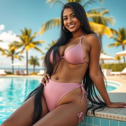 A glamorous Indian woman with a curvy figure, wearing a stylish bikini, lounging by the pool