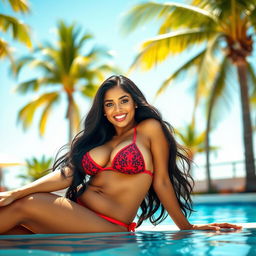 A glamorous Indian woman with a curvy figure, wearing a stylish bikini, lounging by the pool