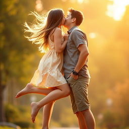A romantic scene featuring a girl on her tiptoes, stretching up to kiss a boy