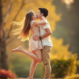 A romantic scene featuring a girl on her tiptoes, stretching up to kiss a boy
