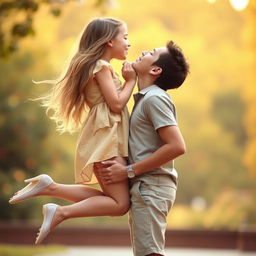 A romantic scene featuring a girl on her tiptoes, stretching up to kiss a boy