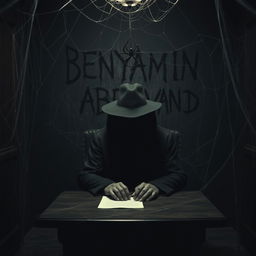 A mysterious figure wearing a black coat and a black hat, face obscured, sitting at a desk in a hauntingly dark and spider-web-covered room