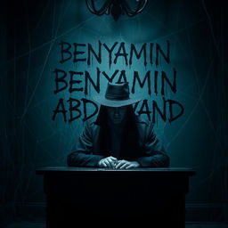 A mysterious figure wearing a black coat and a black hat, face obscured, sitting at a desk in a hauntingly dark and spider-web-covered room