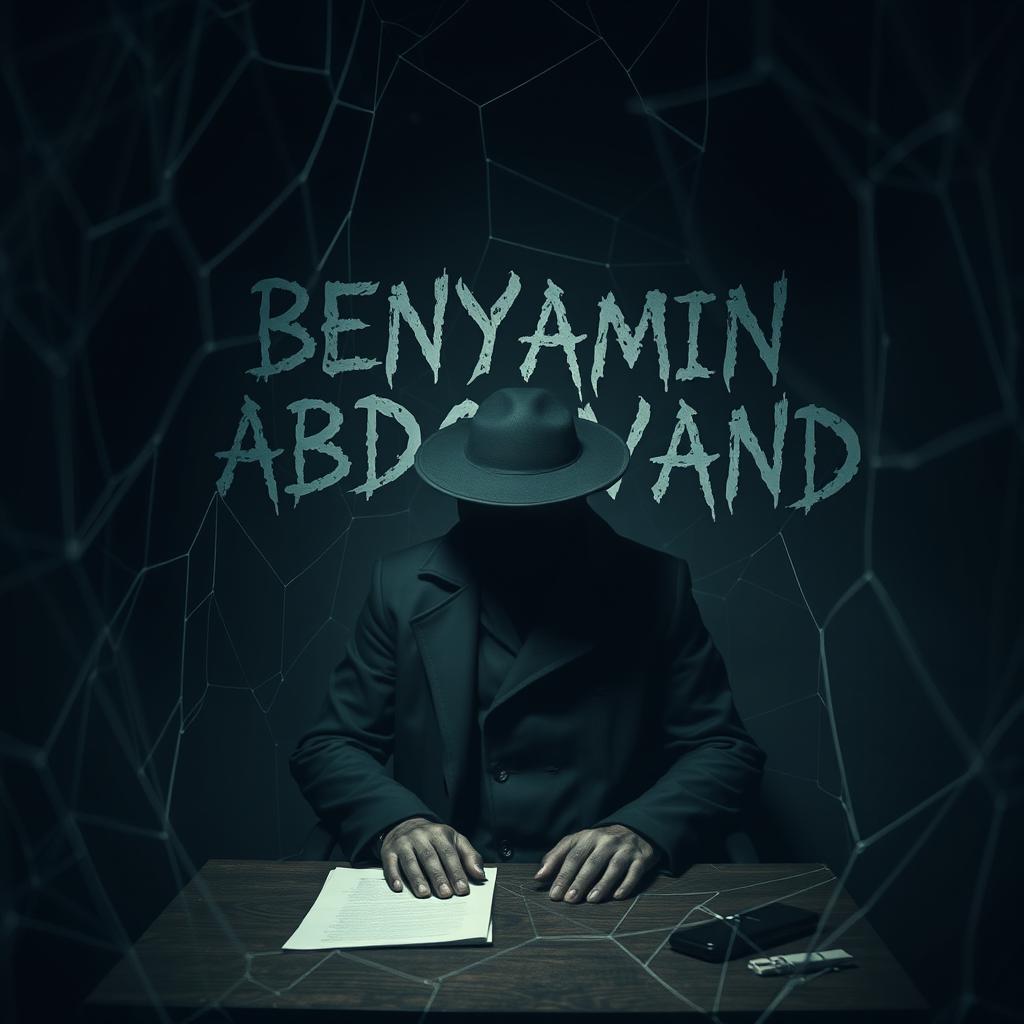 A mysterious figure wearing a black coat and a black hat, face obscured, sitting at a desk in a hauntingly dark and spider-web-covered room
