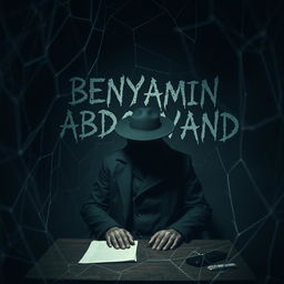 A mysterious figure wearing a black coat and a black hat, face obscured, sitting at a desk in a hauntingly dark and spider-web-covered room