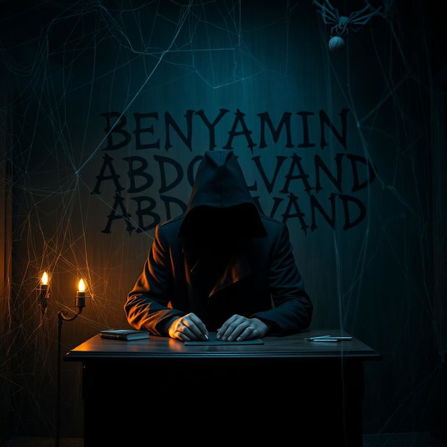 A mysterious figure wearing a black coat and a black hat, face obscured, sitting at a desk in a hauntingly dark and spider-web-covered room