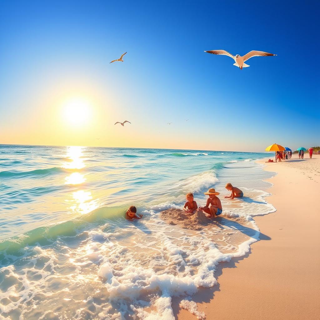 A serene beach scene with vibrant colors, featuring crystal-clear water reflecting the sun, soft white sand, and playful waves