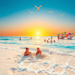 A serene beach scene with vibrant colors, featuring crystal-clear water reflecting the sun, soft white sand, and playful waves