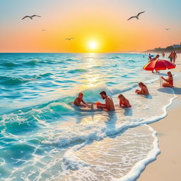 A serene beach scene with vibrant colors, featuring crystal-clear water reflecting the sun, soft white sand, and playful waves